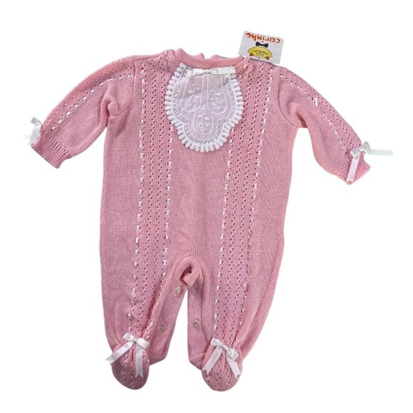 Vintage 80s NWT Cottagecore Pink Knit Bodysuit with White Lace Bib & Satin